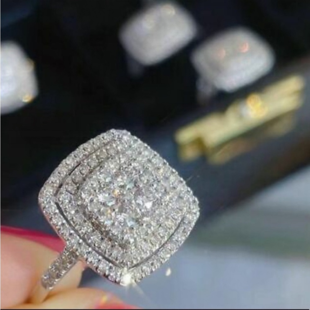 New Women’s 925 Silver Square Shape Diamond Wedding Ring - Picture 2 of 6